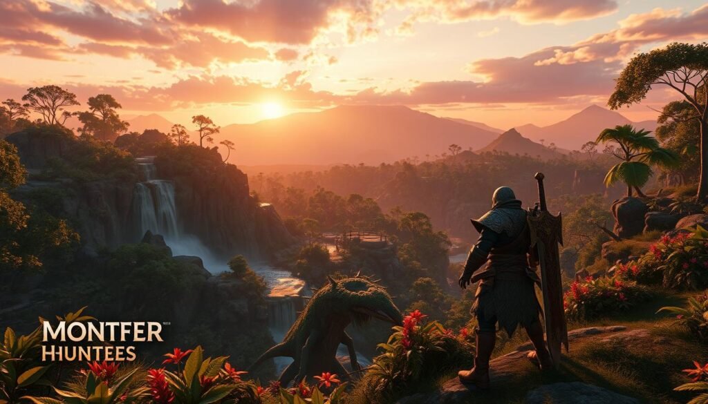 A stunning, dynamic open-world landscape inspired by "Monster Hunter Wilds," showcasing a lush, vibrant environment filled with diverse flora and fauna. In the foreground, a skilled hunter clad in intricate, armor crafted from various monster parts is poised with a massive sword, analyzing a massive creature lurking behind dense foliage. The middle ground features cascading waterfalls and rocky terrain, while distant mountain peaks bathed in golden sunlight create a sense of depth. The sky above is a dramatic mix of rich oranges and purples, indicating a setting sun. The overall mood is adventurous and immersive, inviting viewers to explore this dynamic world full of life and peril. Use a wide-angle lens to emphasize the grandeur, with soft, natural lighting to enhance the enchanting atmosphere.