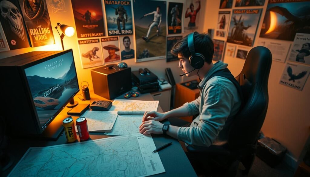 A vibrant and dynamic scene depicting the preparation for a "Death Stranding 2" speedrun. In the foreground, a focused gamer sits at a desk, dressed in casual but neat clothing, surrounded by gaming equipment like a high-spec PC, headset, and gaming chair. The middle ground features detailed maps and strategy guides for the game spread across the desk, alongside energy drinks and snacks indicating readiness for an intense gaming session. In the background, a wall adorned with gaming posters and collectibles from both "Death Stranding" games adds depth to the setting. The lighting is soft but focused, casting a warm glow over the workspace, creating an energized yet laid-back atmosphere. The angle captures the excitement and anticipation for the speedrun, immersing viewers in the gaming culture.