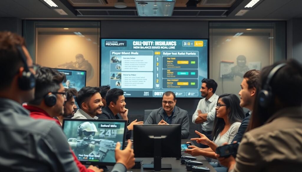 A vibrant and dynamic scene showcasing a community of developers and gamers gathered in a high-tech conference room, discussing the new balance issues in Call of Duty Mobile ranked mode. In the foreground, a diverse group of developers, including Caucasian, Black, Asian, and Hispanic individuals, are animatedly conversing, some gesturing towards a large screen displaying game mechanics and player feedback highlights. In the middle ground, various gaming devices, monitors, and charts illustrate the discussions. The background features modern conference room elements like glass walls and tech equipment, with soft lighting accentuating a collaborative and innovative atmosphere. The mood is intense yet focused, capturing the essence of community engagement and professional analysis.