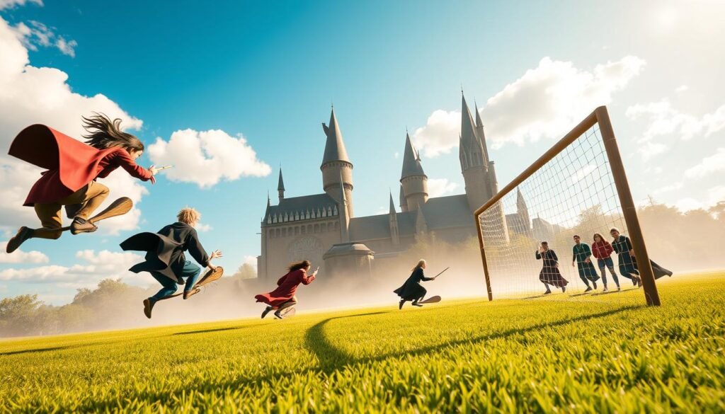 A vibrant and dynamic scene showcasing the new Quidditch feature from the Hogwarts Legacy DLC, set in the enchanted Quidditch pitch during a bright and sunny day. In the foreground, students in Hogwarts robes are energetically flying on broomsticks, skillfully maneuvering as they chase after a Quaffle. The middle of the scene reveals a Quidditch goalpost where a player is attempting a goal, with teammates cheering animatedly in the background. Towering castle walls of Hogwarts loom in the distance, framed by a clear blue sky and fluffy clouds. Warm sunlight casts playful shadows on the grass, creating a magical atmosphere filled with excitement and camaraderie among the players. The image should evoke a sense of anticipation and joy for the new features in the game, with a lively and engaging composition.