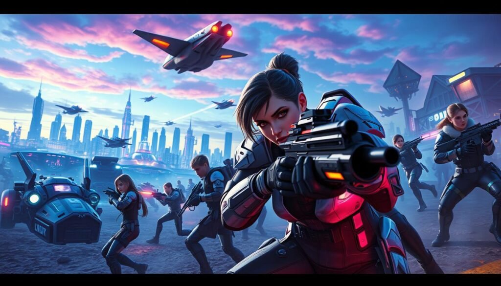 A vibrant, futuristic battlefield scene from "Farlight 84," showcasing a diverse group of characters in advanced combat gear, engaging in tactical maneuvers. In the foreground, highlight a female character in sleek, high-tech armor, aiming a futuristic weapon, with her determined expression visible. In the middle ground, depict a chaotic environment with diverse characters, both male and female, utilizing various gadgets and maneuvering through futuristic vehicles and structures. The background features a stunning skyline of a neon-lit city, with flying vehicles zipping past under a twilight sky filled with dynamic colors. Use a dramatic low-angle shot to emphasize the action, with soft blue and purple lighting creating an immersive atmosphere, evoking excitement and intensity. The scene should convey a sense of camaraderie amidst fierce competition, embodying the essence of a futuristic battle royale. A vibrant, futuristic battlefield scene from "Farlight 84," showcasing a diverse group of characters in advanced combat gear, engaging in tactical maneuvers. In the foreground, highlight a female character in sleek, high-tech armor, aiming a futuristic weapon, with her determined expression visible. In the middle ground, depict a chaotic environment with diverse characters, both male and female, utilizing various gadgets and maneuvering through futuristic vehicles and structures. The background features a stunning skyline of a neon-lit city, with flying vehicles zipping past under a twilight sky filled with dynamic colors. Use a dramatic low-angle shot to emphasize the action, with soft blue and purple lighting creating an immersive atmosphere, evoking excitement and intensity. The scene should convey a sense of camaraderie amidst fierce competition, embodying the essence of a futuristic battle royale.