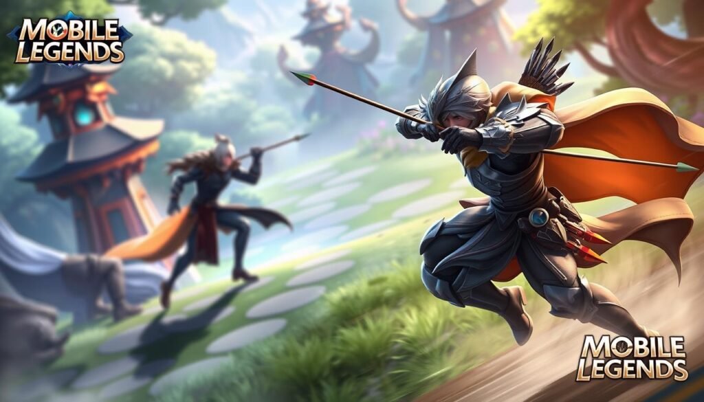 A dynamic scene depicting a character engaging in kiting techniques in the game Mobile Legends. In the foreground, a heroic character dressed in detailed armor is skillfully maneuvering while shooting arrows at an unseen enemy, showcasing precise movement. The middle ground features a blurred silhouette of an enemy character attempting to close the distance, emphasizing the action. In the background, a vibrant and fantastical game environment showcases lush greenery and mystical structures, adding depth to the setting. The lighting is vibrant, casting dramatic shadows and highlights, with an angle that captures both the character's determination and the tension of the chase. The overall mood is energetic and strategic, reflecting the essence of effective kiting in gameplay.