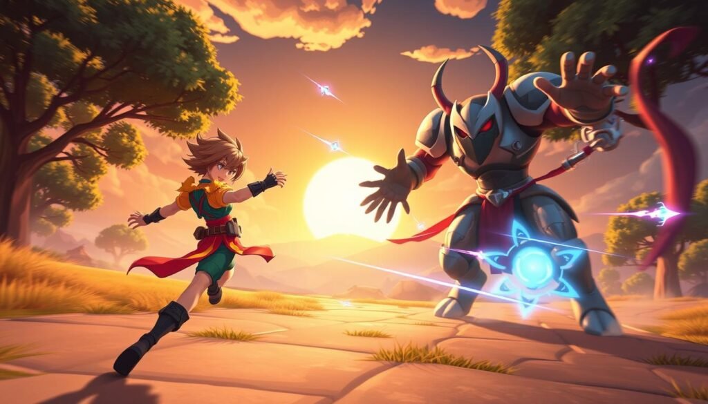 A dynamic scene illustrating the concept of "kiting" in mobile gaming. In the foreground, a stylized, agile character with a determined expression evades an imposing enemy using evasive maneuvers. The character is dressed in tactical, brightly colored attire, showcasing a blend of mobility and elegance. In the middle ground, the enemy is depicted reaching out, illustrating the tension of the chase, with magical projectiles flying past. The background features a vibrant, fantastical landscape typical of a mobile game, with lush trees and mystical elements under a brilliant sunset sky. The atmosphere is energetic and engaging, with dramatic lighting emphasizing the action and movement, captured from a slightly low-angle perspective to enhance the sense of scale and urgency.
