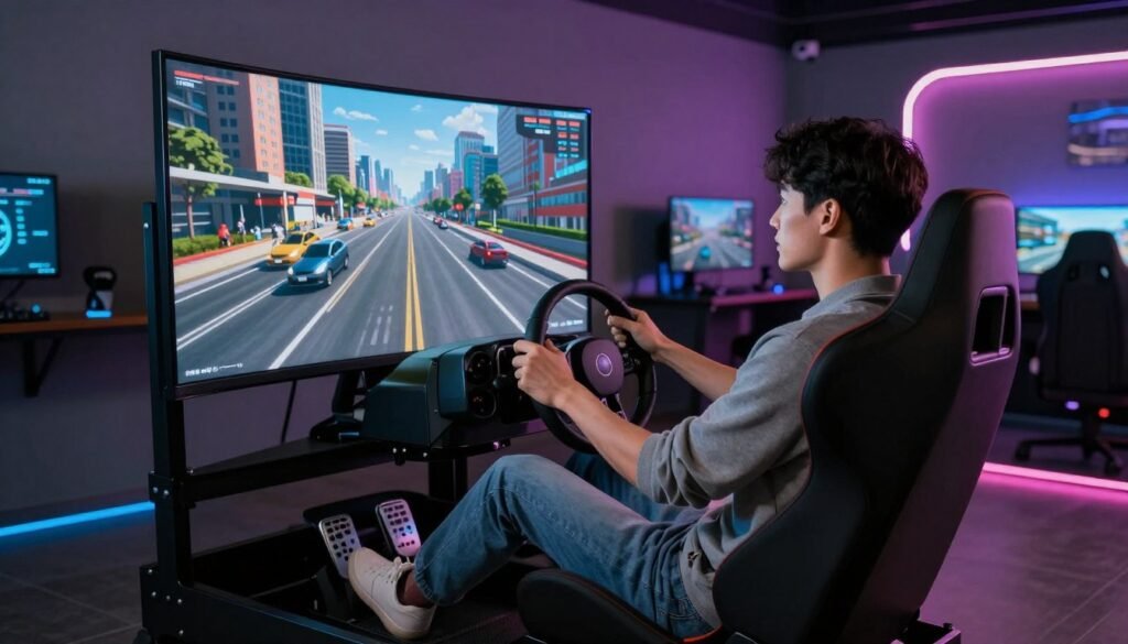 A highly immersive virtual driving simulator scene set in a sleek, modern gaming room. In the foreground, a realistic driving seat with a fully equipped steering wheel, pedals, and a high-resolution screen displaying a vibrant cityscape with detailed roads, buildings, and cars. The middle ground showcases a young professional in casual attire, intensely focused on driving, surrounded by ambient LED lighting that creates an engaging atmosphere. In the background, a soft-focus depiction of additional gaming setups and a digital dashboard displaying simulated stats adds depth. The lighting is dynamic, highlighting the excitement and realism of the driving experience, while the overall mood is one of thrilling adventure in a virtual world.