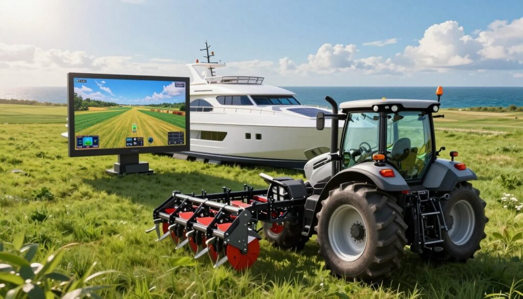 A unique agricultural vehicle simulator and a futuristic ship simulator are depicted in a vibrant, dynamic scene. In the foreground, the agricultural simulator features a sleek, modern tractor with advanced controls and a panoramic screen displaying realistic landscapes. The middle ground showcases a high-tech ship resembling a blend of a yacht and a research vessel, equipped with cutting-edge navigation technology and solar panels. The background is a lush green field merging into a calm blue sea under a bright, sunny sky with fluffy clouds. The scene is illuminated by warm, natural sunlight, highlighting the details of both vehicles. The mood is adventurous and innovative, capturing the essence of unique simulators not to be missed.